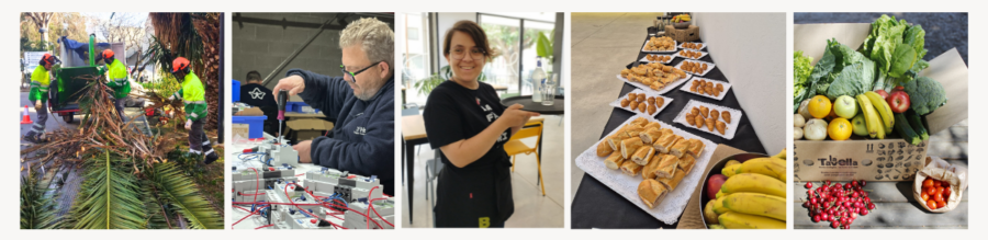 Collage de serveis de Viver de Bell-lloc: brigada de jardineria, muntatge industrial, servei de càtering i cistella de productes ecològics de La Tavella. 