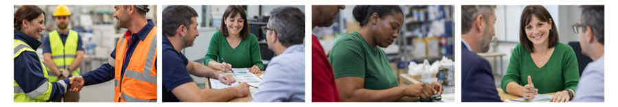 Quatre imatges de col·laboració laboral: una encaixada de mans entre treballadors amb armilla reflectant, una reunió d'assessorament en una oficina i una treballadora en una línia de producció. I una reunió d'oficines. 