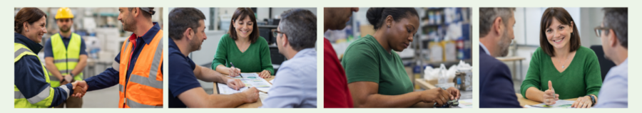 Quatre imatges de col·laboració laboral: una encaixada de mans entre treballadors amb armilla reflectant, una reunió d'assessorament en una oficina i una treballadora en una línia de producció. I una reunió d'oficines. 
