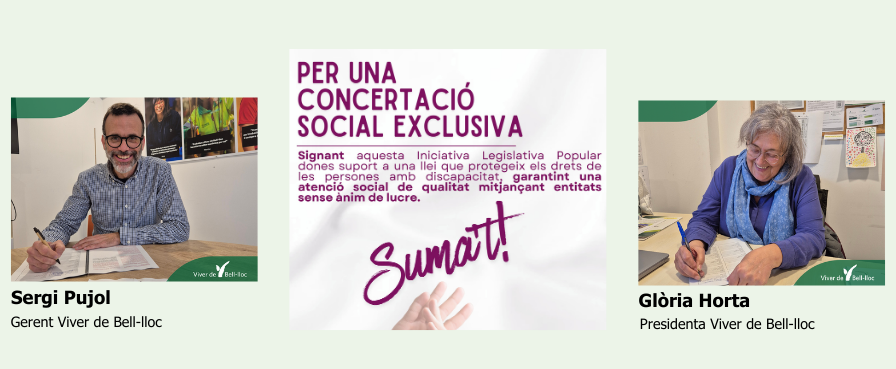 Banner de tres imatges: A l'esquerra del tot, Sergi Pujol, gerent de Viver de Bell-lloc firmant. Al mig, cartelleria de la campanya. A l'esquerra Glòria Horta, presidenta de Viver de Bell-lloc firmant.